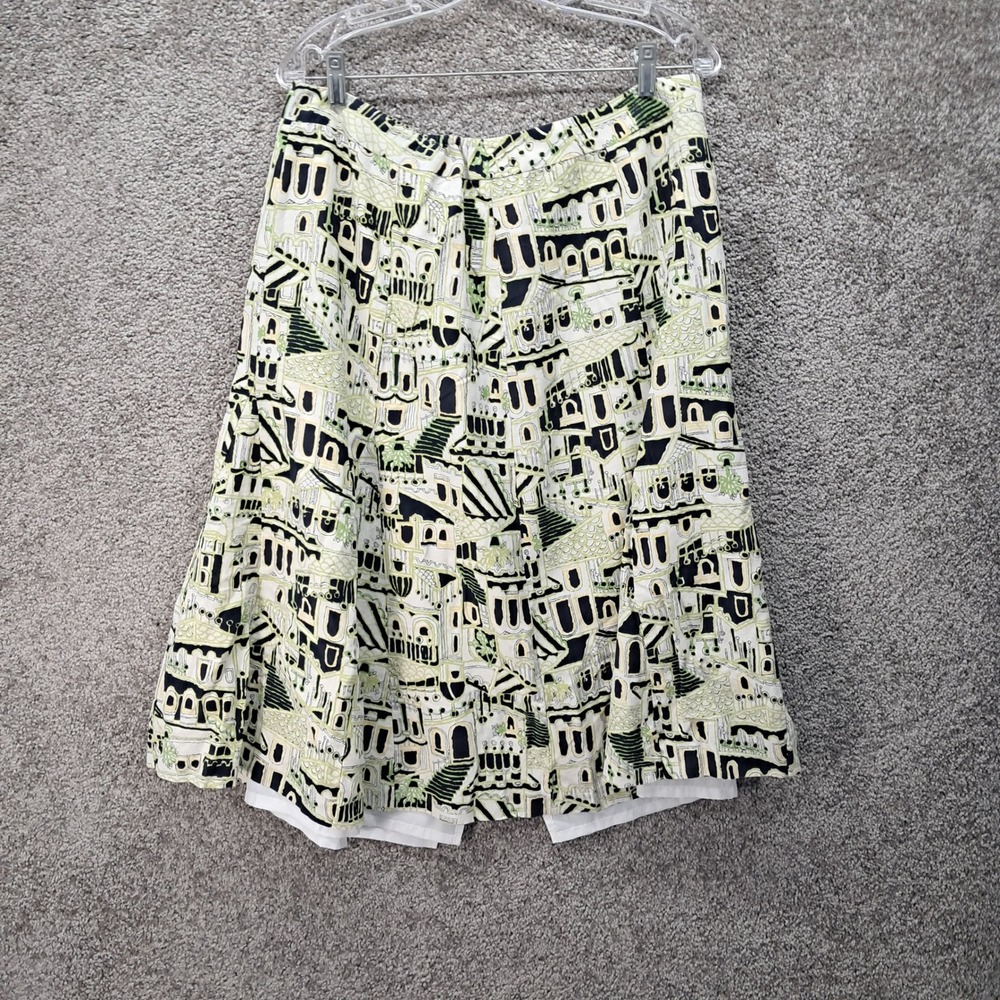 Jones New York Woman Silk Linen Cityscape Print A-Line Skirt Green Black 16W